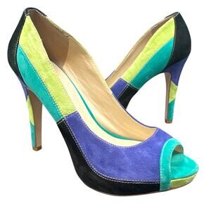 INC Platform Pump 10M Suede Patchwork Multicolor Funky Y2K Peep Toe Artsy Career